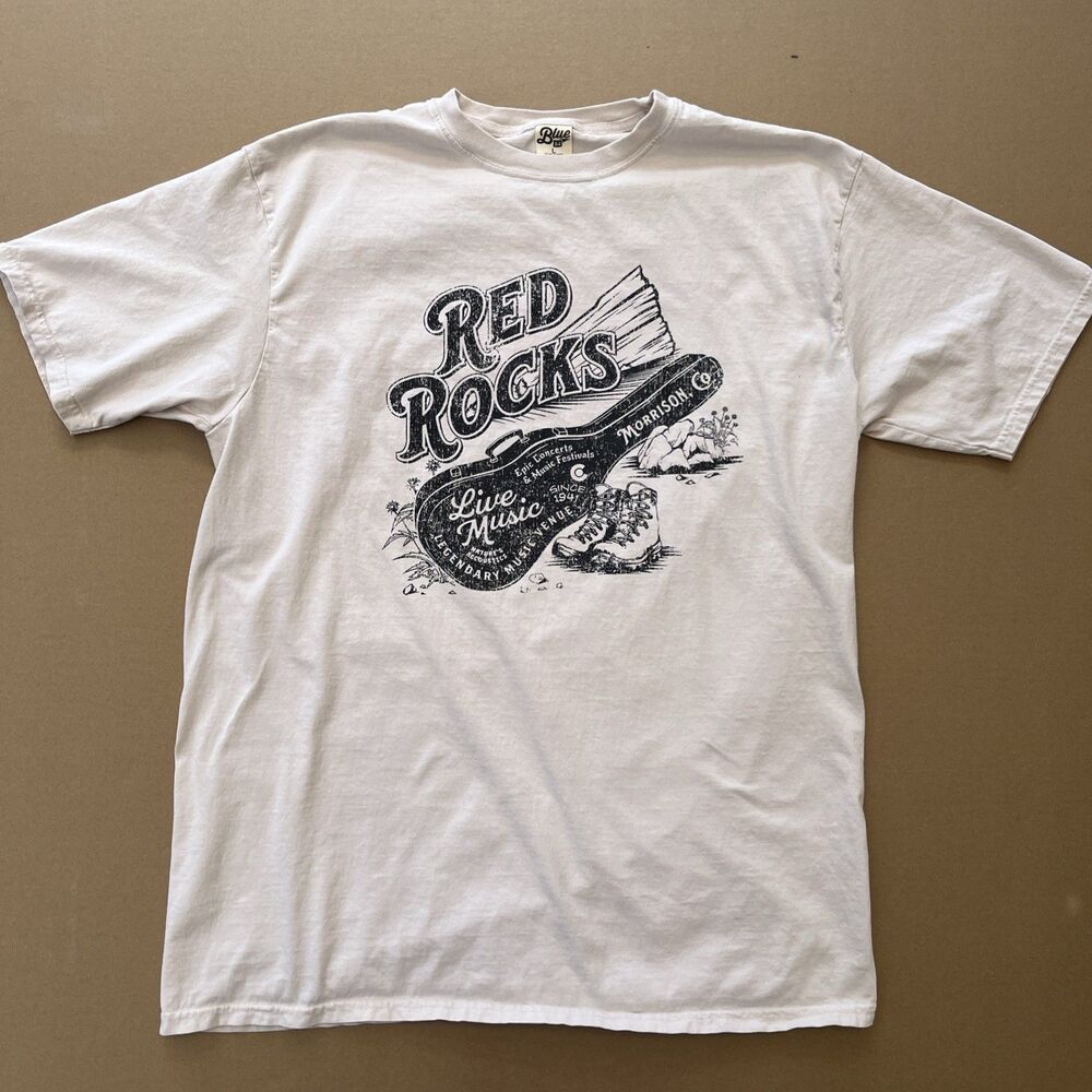 Red Rocks Park Amphitheatre Music Shirt Large Ivory/Beige Blue ‘84 Tee Colorado